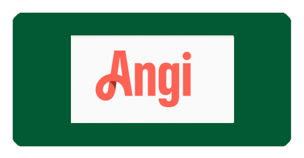 A green and white banner with the word angi in red.