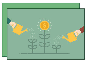 Two people watering a plant with money in the center.